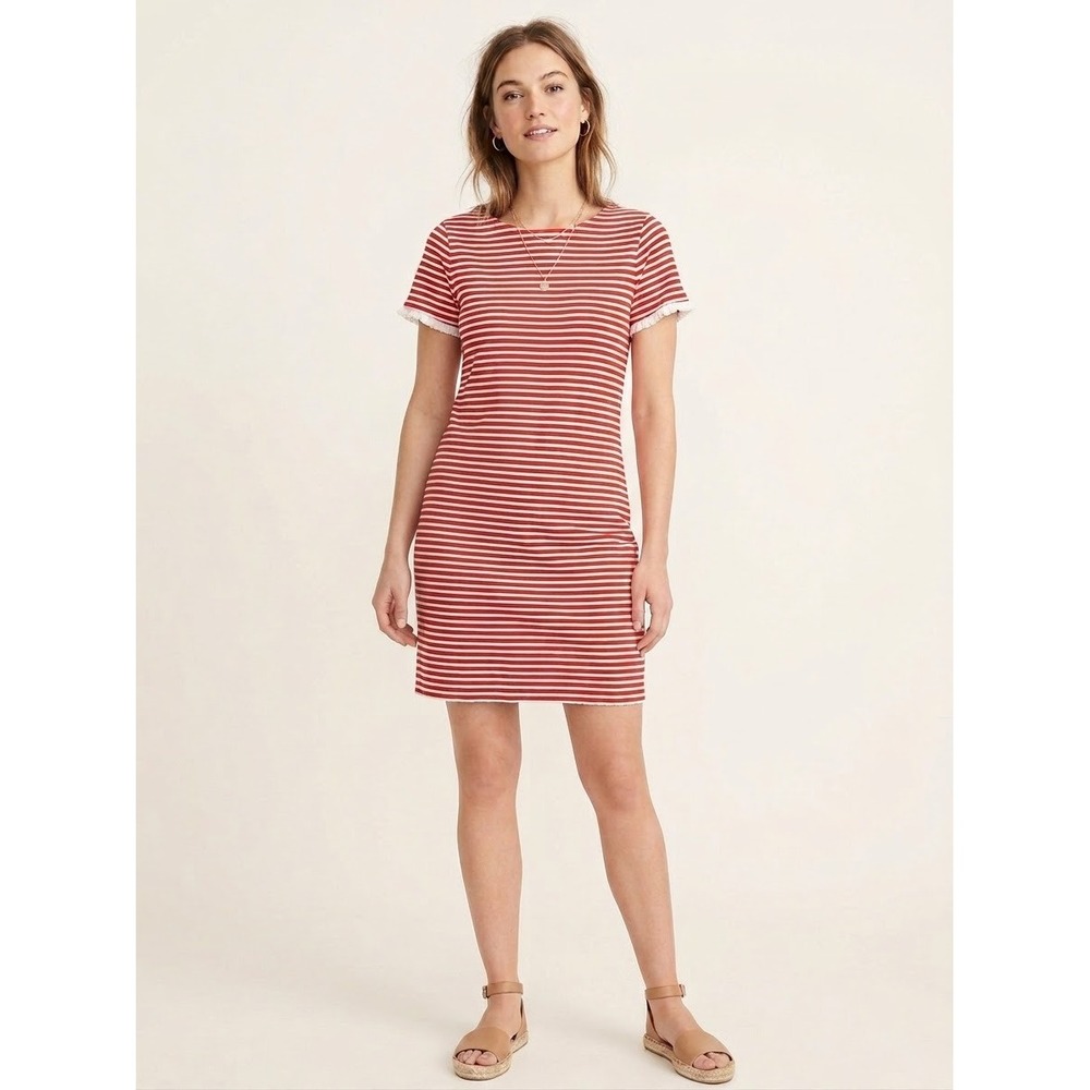 J.Crew Red White Striped Cotton Shift Dress Ruffle Sleeve Large Cute
